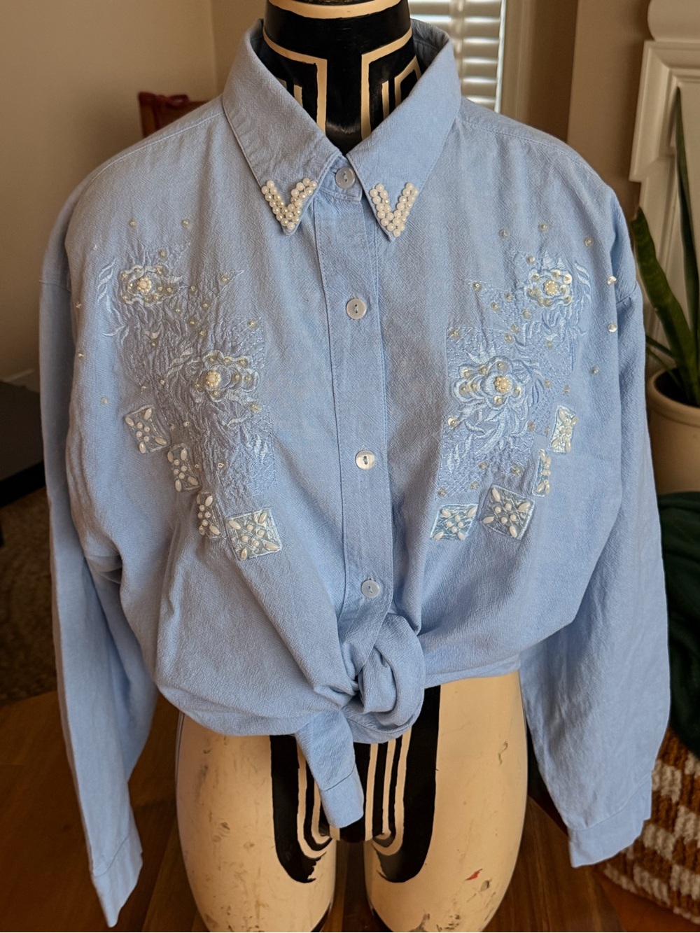 Light Blue Women’s Beaded and Embroidered Button-Up Western Whimsy Shirt